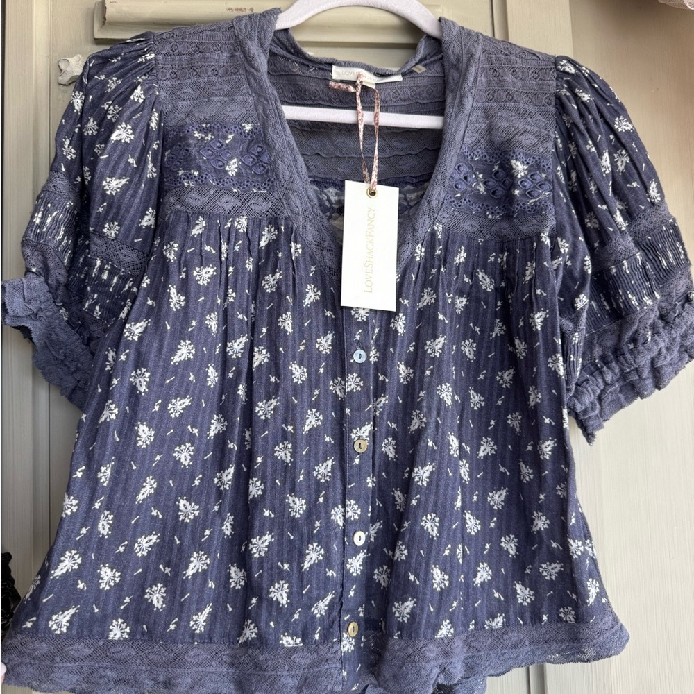 LOVE SHACK FANCY Blouse, 🪻ARABELLA Top in “Blue Jean” Size L, NWT, RARE